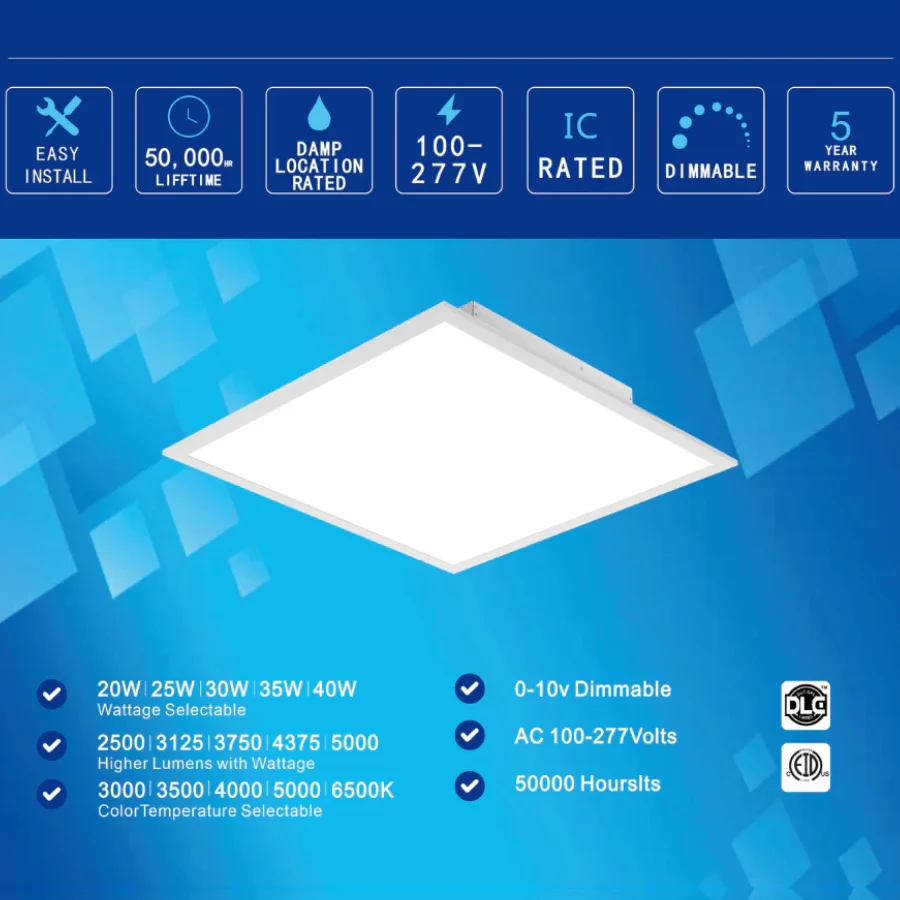 2x2 LED Ceiling Panel Light 20W/25W/30W/35W/40W Adjustable, 5CCT Changeable 3000K-6500K, 2500-5000 Lumens