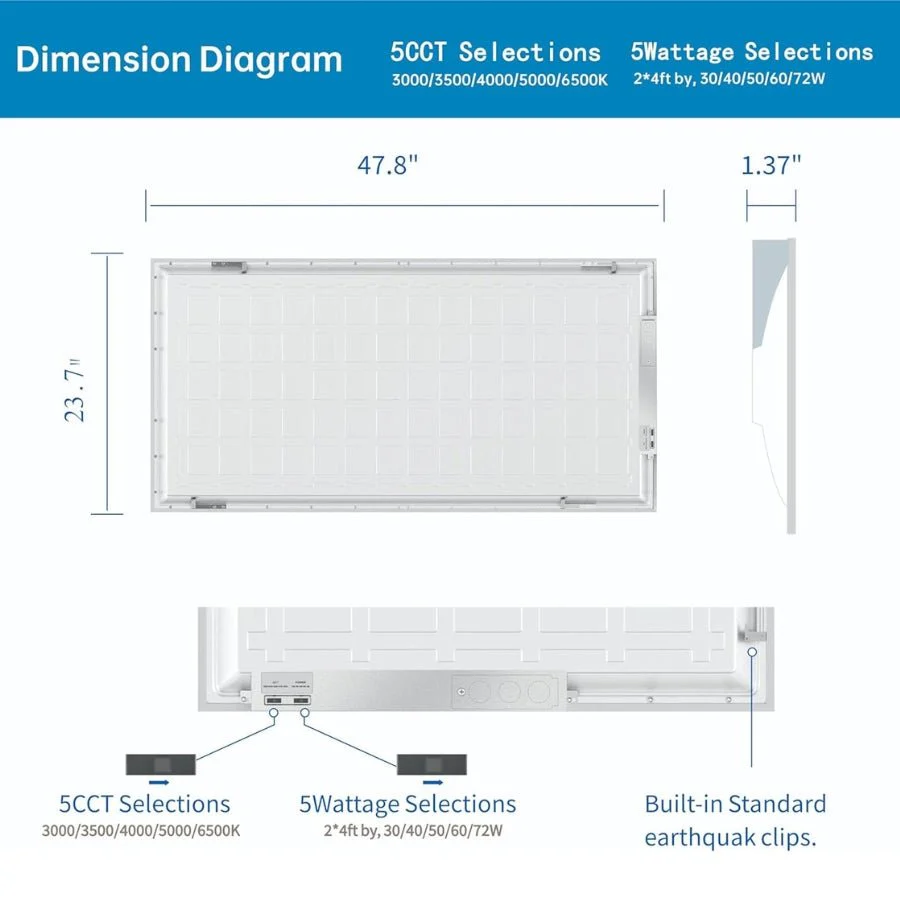 2x4 LED Flat Panel Troffer Lights, 5CCT 3000K-6500K, 30W-72W Dimmable, 3750-9000Lumens, Recessed Drop Ceiling Light Fixture for Office, ETL DLC
