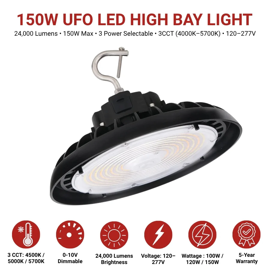 UFO LED High Bay Light, 100W/120W/150W Selectable, Up to 24,000 Lumens, 4000K/5000K/5700K Selectable, for Commercial Warehouse Shop, Factory, Workshop, Garage