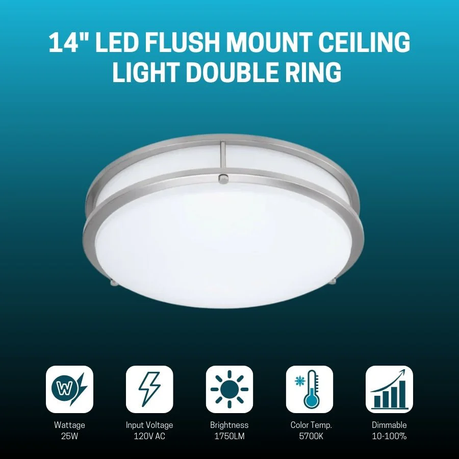 14 inch Dimmable LED Flush Mount Ceiling Light Fixture, Brushed Nickel, 25W, 1750LM, 5700K Slim Design, 120°Light Angle, CRI80, Ceiling Lamp for Bedroom, Kitchen, Office
