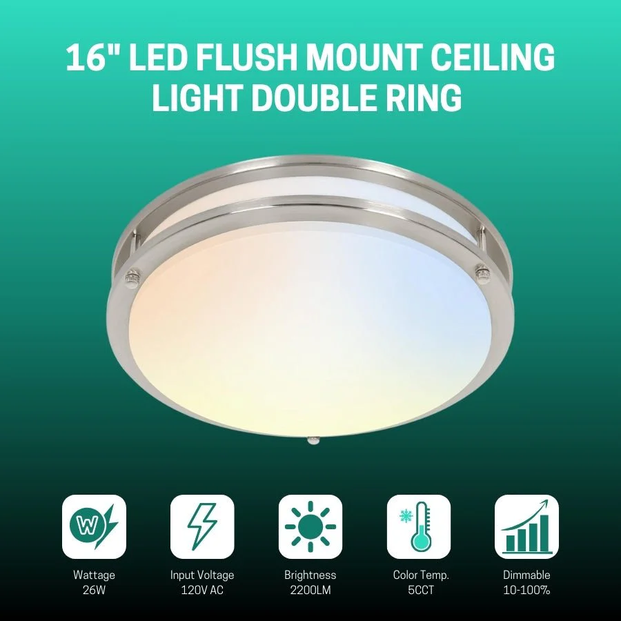 16 inch Dimmable LED Flush Mount Ceiling Light Fixture, Brushed Nickel, 26W, 2200LM, 2.7K/3.5K/4K/5K/6.5K Adjustbale, 120°Light Angle, CRI80, Ceiling Lamp for Bedroom, Kitchen, Office