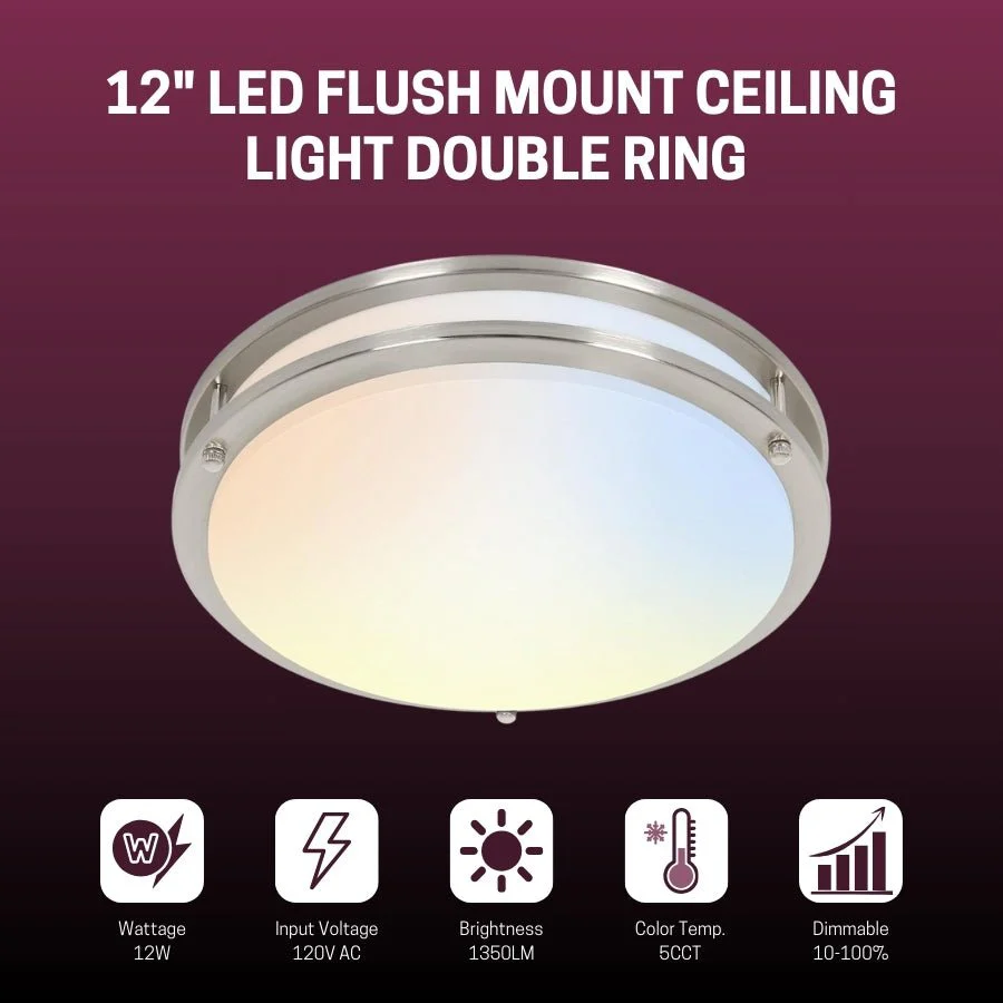 12 inch Dimmable LED Flush Mount Ceiling Light Fixture, Brushed Nickel, 16W, 1350LM, 2.7K/3.5K/4K/5K/6.5K Adjustbale, 120°Light Angle, CRI80, Ceiling Lamp for Bedroom, Kitchen, Office