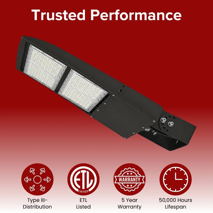 300W/240W/200W Power Selectable LED Parking Lot Light, 1000W Metal Halide Equivalent, Up to 45,000 Lumens, 5700K Daylight, Type III Distribution, Dimmable 0-10V, IP65 Waterproof, Bronze Housing, Inbuilt Photocell, 100-277V, ETL Listed, 5-Year Warranty